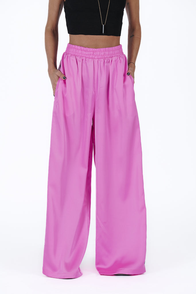 Pantalón ancho satén rayas laterales rosa